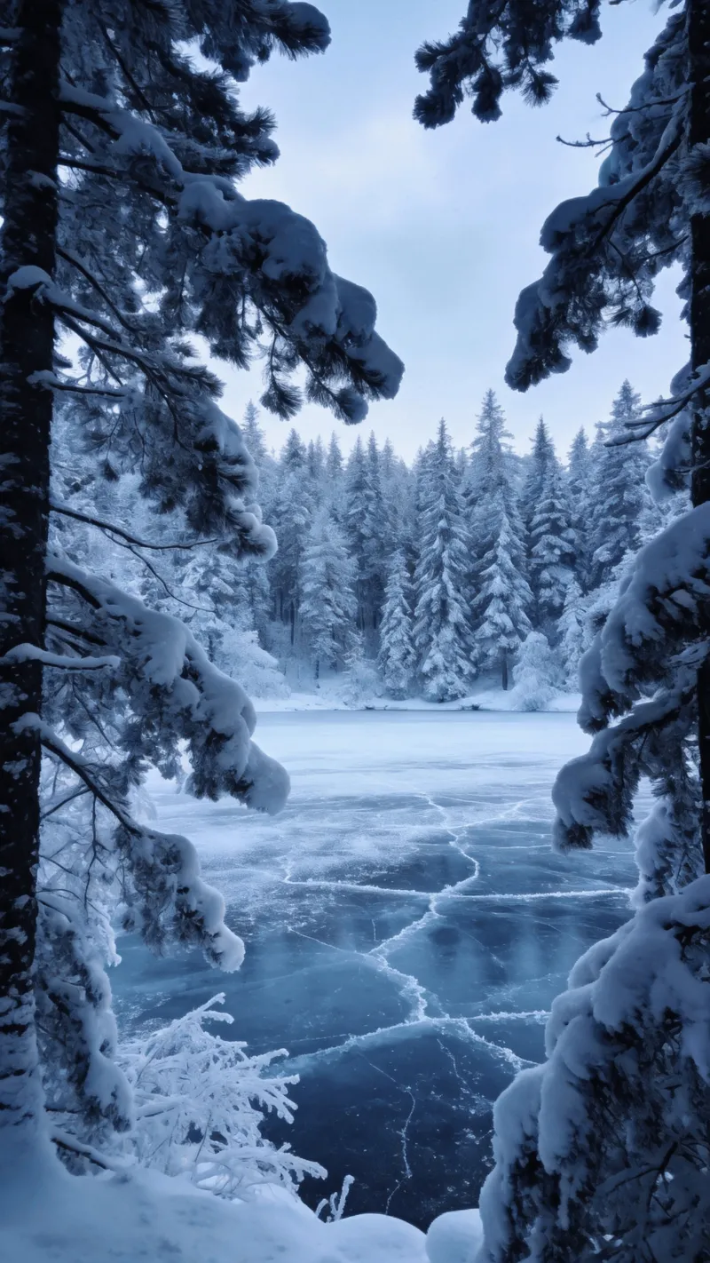 Snow-Covered Pines by a Frozen Lake