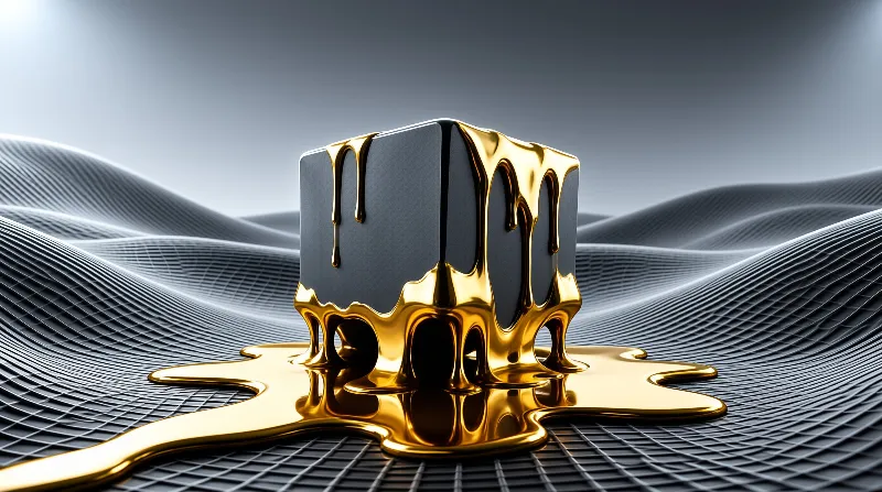 A matte dark cube rests on a wavy grid landscape, with reflective liquid gold running down its sides and pooling at its base in soft neutral light.