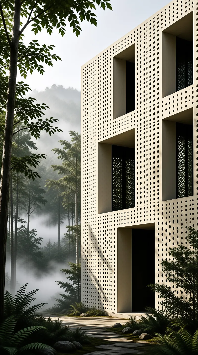 A tall white building with a pattern of small holes stands surrounded by green trees and morning fog.