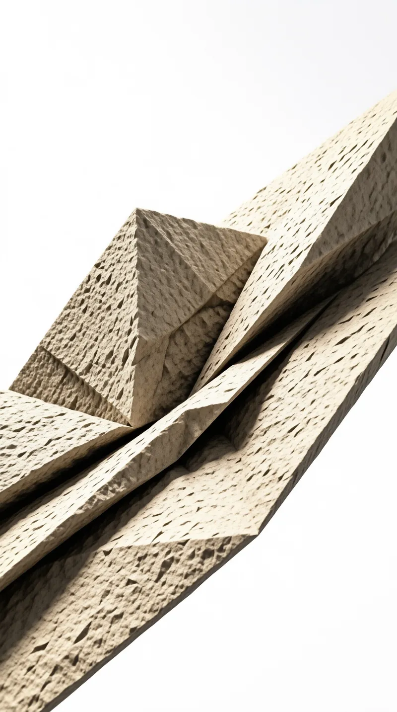 Pitted sandstone beams cross each other at sharp angles against a stark white sky, casting deep shadow seams.