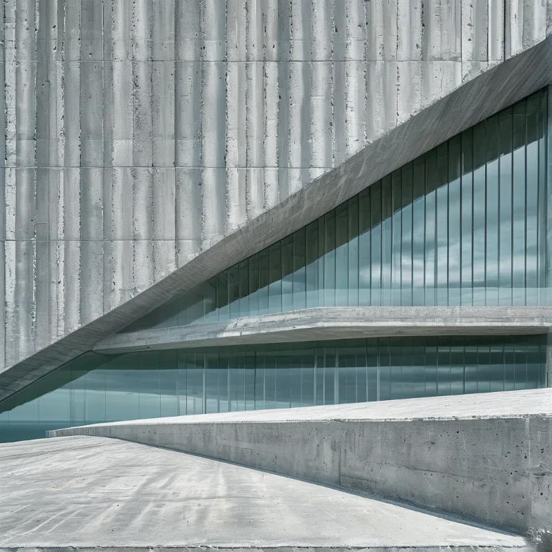 Sharp angled beam covers transparent panels set against textured pillars under an overcast sky in grey architecture.