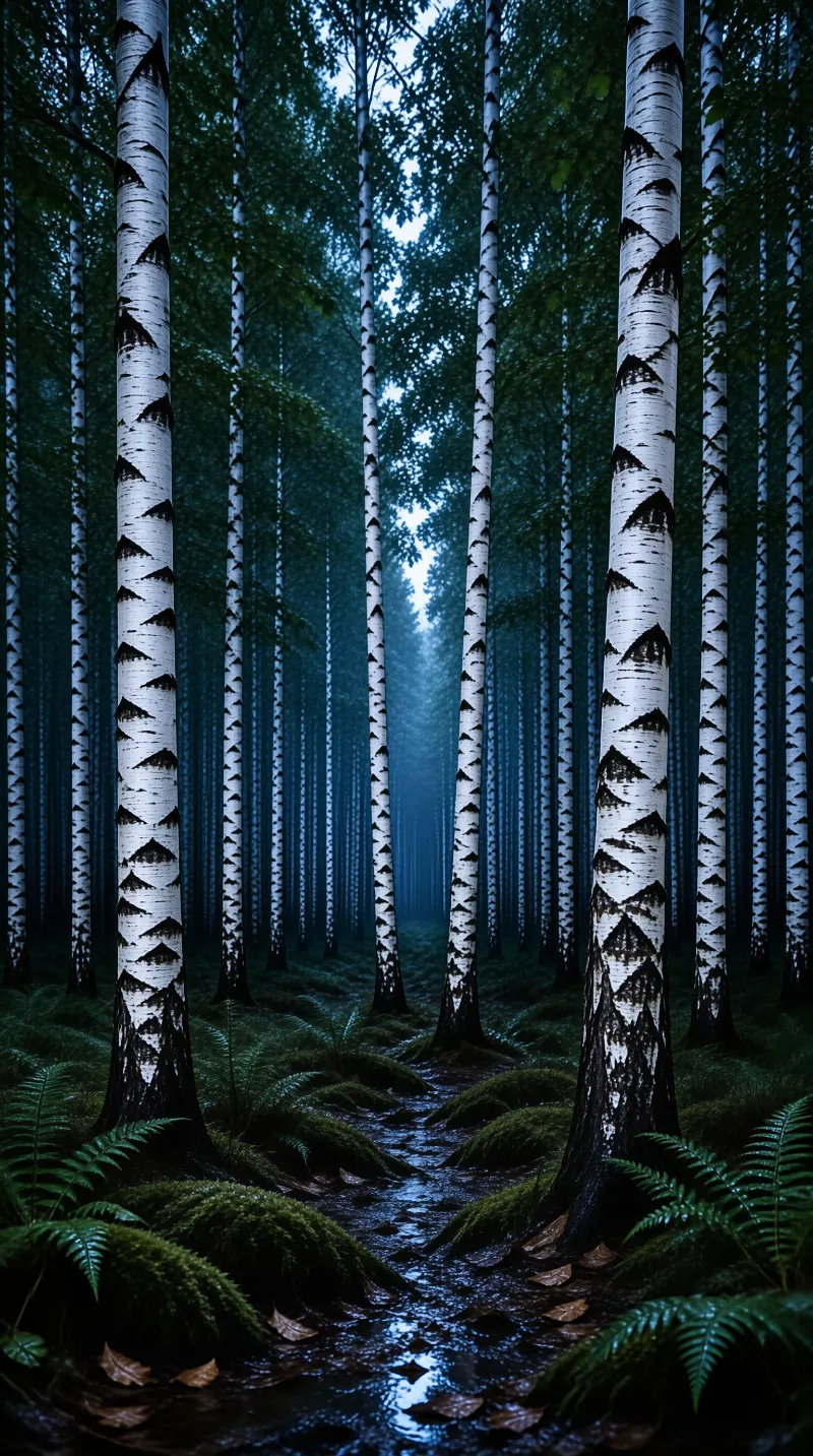 Slender white birch trunks stand in deep perspective above mossy ferns and a damp forest path in cool twilight.