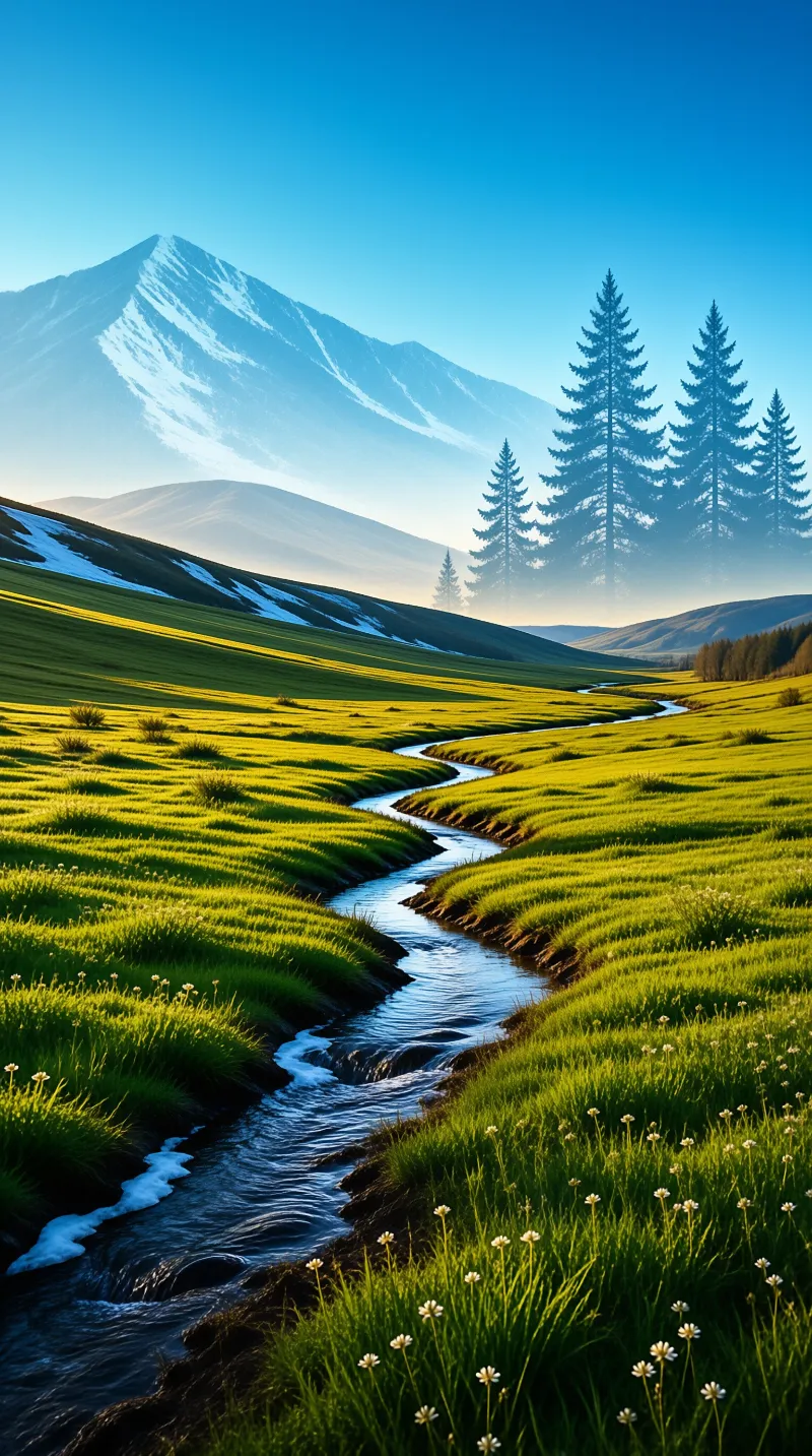 A clear river flows through bright green grasslands towards a large mountain covered in snow and tall pine trees.