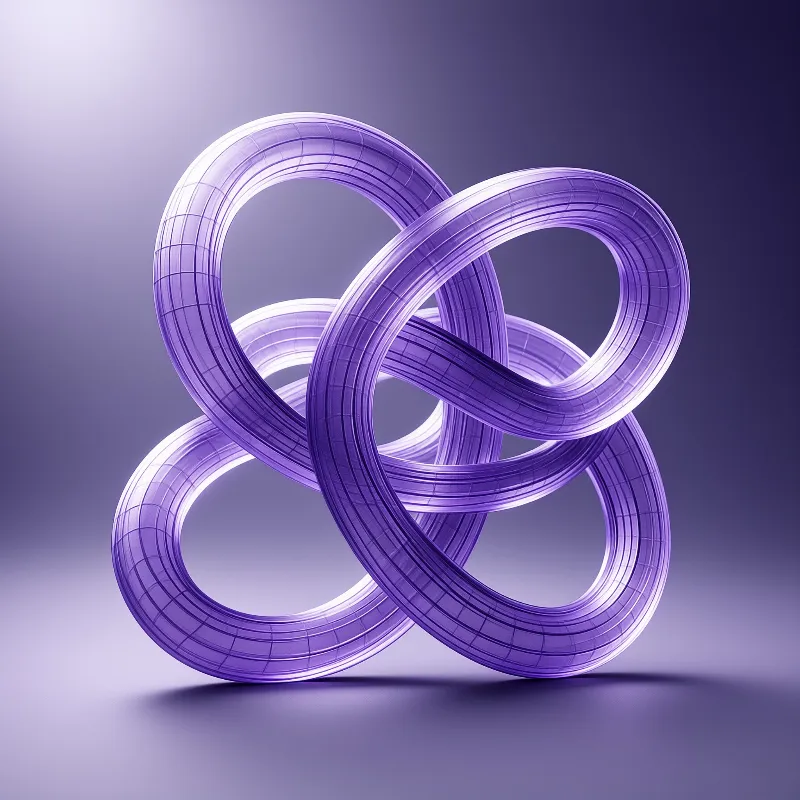 Geometric purple tubular structure interlocking against a smooth gradient background with soft studio lighting.