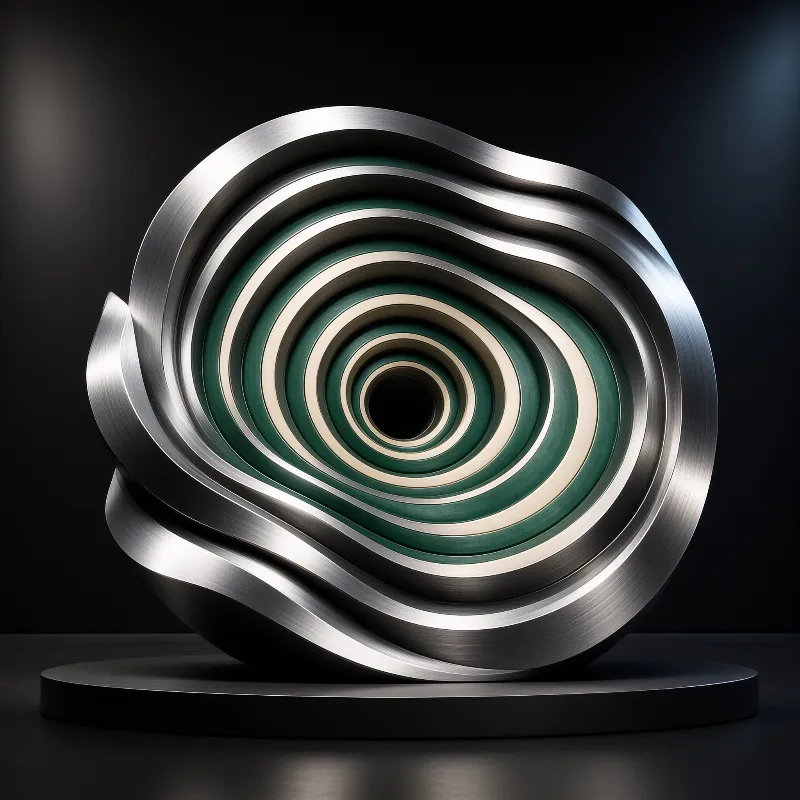A brushed metal art piece with green and cream rings rests on a black circular stand.
