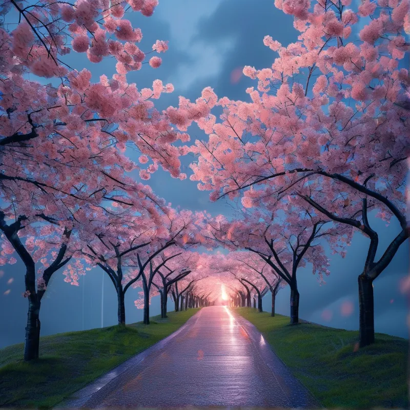 A paved pathway lined with blooming pink trees leads toward a bright light source against a deep blue evening sky.