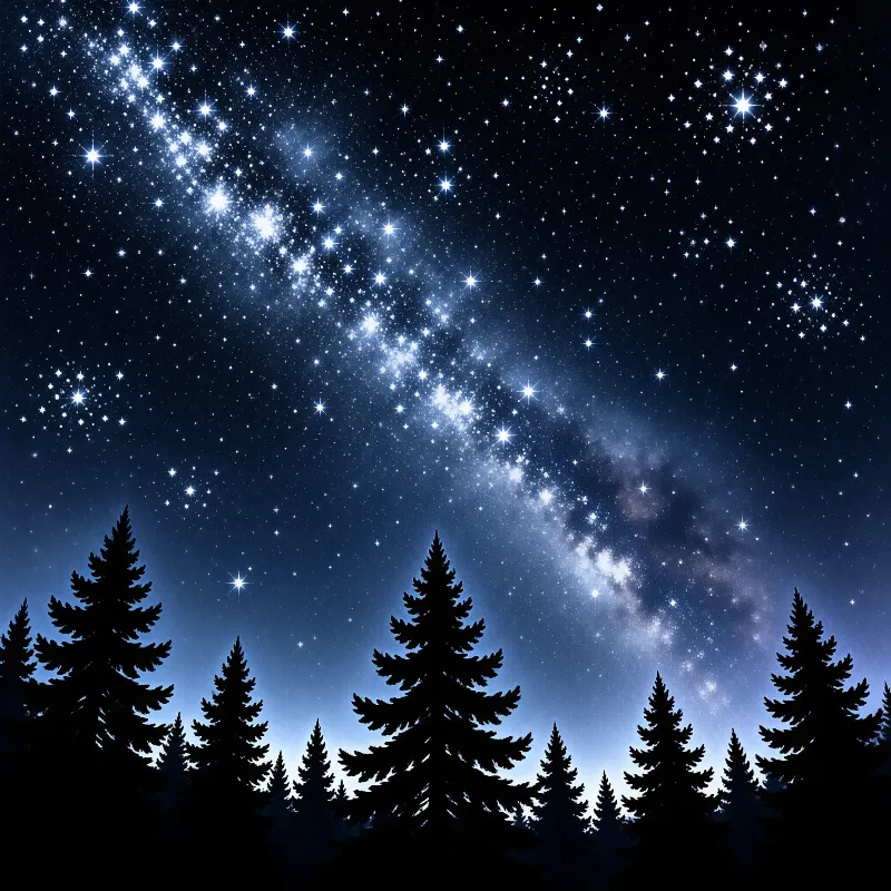 A dense band of white stars curves across a deep blue night sky above dark evergreen forest silhouettes.