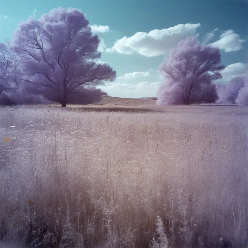 Lavender frosted field grass reaches purple winter trees under pale blue sky with fluffy white clouds.