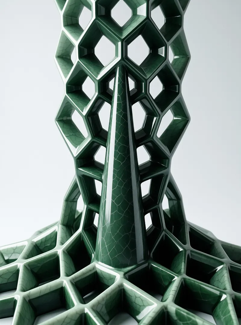 A tall dark green structure with a hexagonal lattice and glossy crackle finish stands against a plain light background.