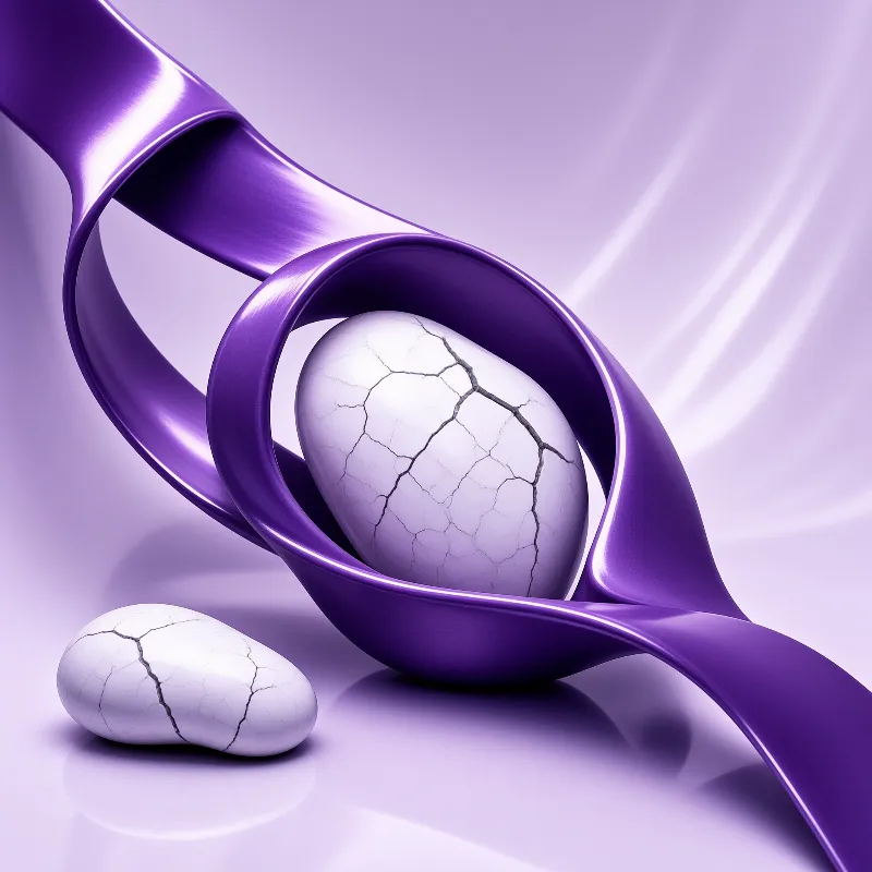 Cracked white stones sit on a reflective surface amidst flowing purple ribbon structures in soft light.