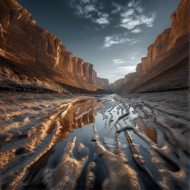 A view down a wide rocky gorge where a slow river mirrors towering stratified cliffs under a partly cloudy sky