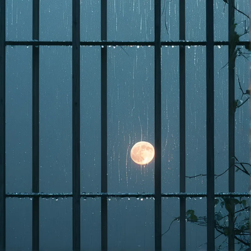 A bright full moon glows warmly against a dark blue sky viewed through a window covered in dripping rain and condensation