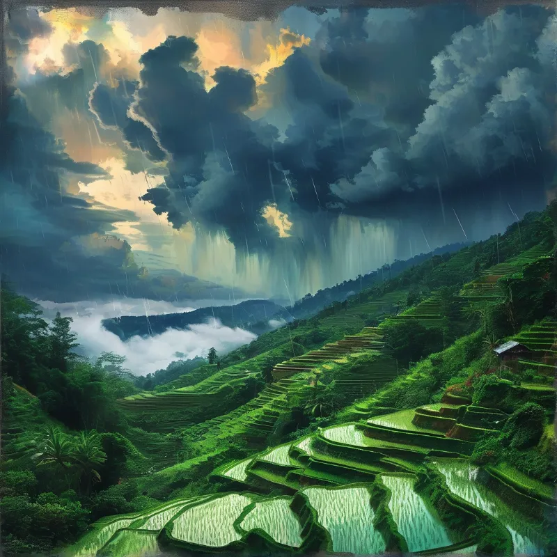Emerald terraced rice paddies climb forested hillsides as golden light breaks through a storm of falling monsoon rain.