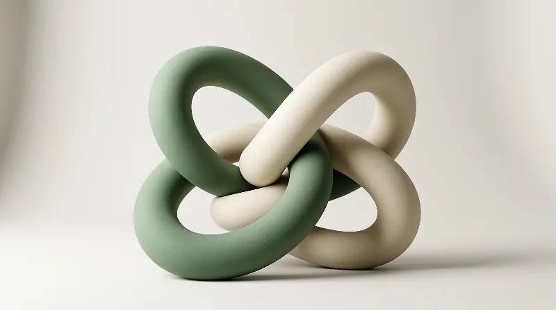 Two smooth geometric loops in sage green and off-white are interlocked against a neutral pale background with diffuse lighting.