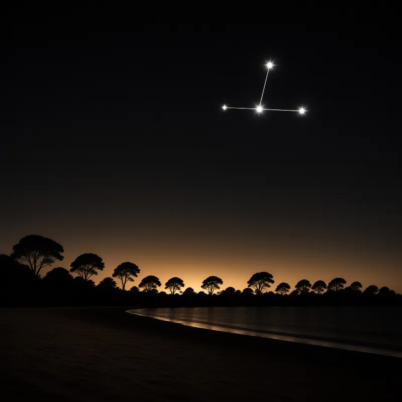 Bright stars form a T shape against a dark sky while an orange glow illuminates the horizon behind silhouetted trees.