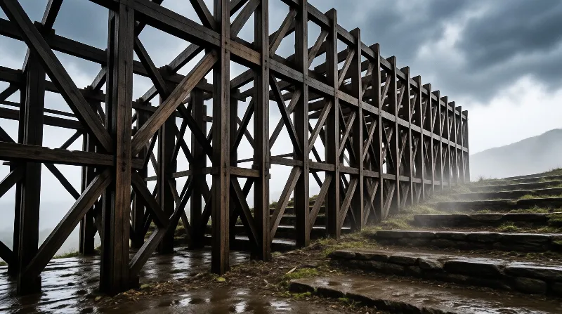 A massive dark timber trestle framework stands on wet muddy ground beside stone steps in foggy overcast conditions