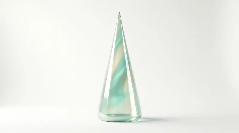 A slender clear cone with a swirled green and gold interior rests on a bright neutral backdrop