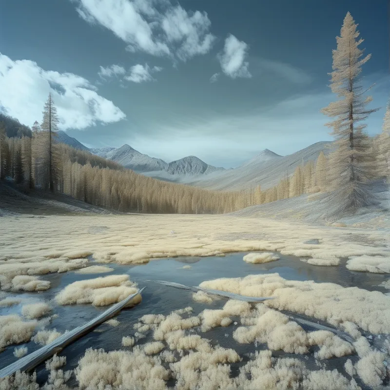 A landscape featuring beige ice patches on dark water surrounded by a yellow forest and distant snow capped mountains.
