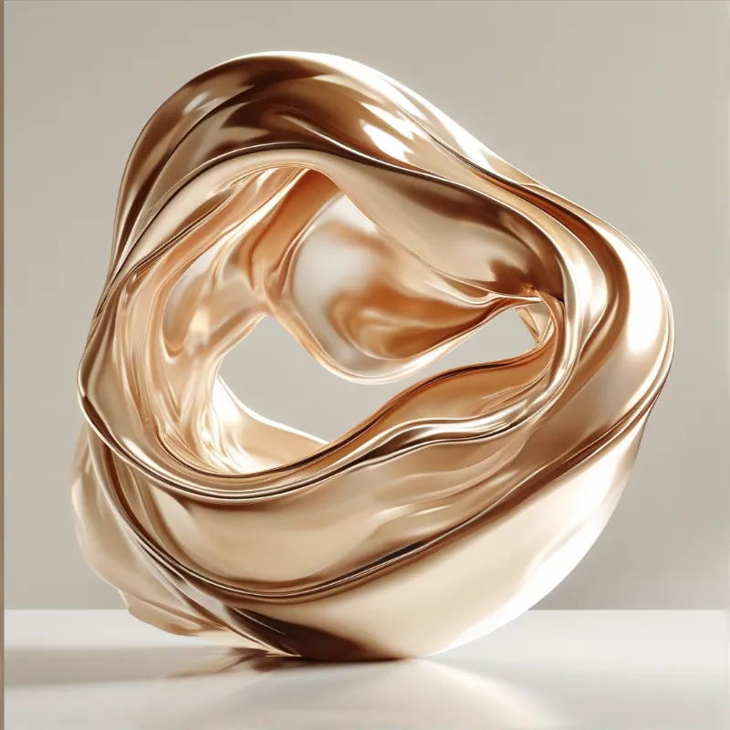A curved glossy rose gold liquid metal sculpture sits on a pale studio surface with soft light highlighting its hollow form.