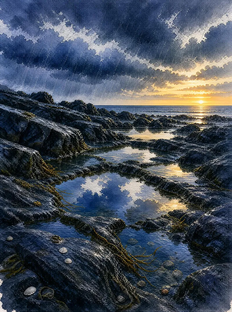 Rain falls over dark ocean rocks and tide pools that reflect bright clouds and golden sunset light.