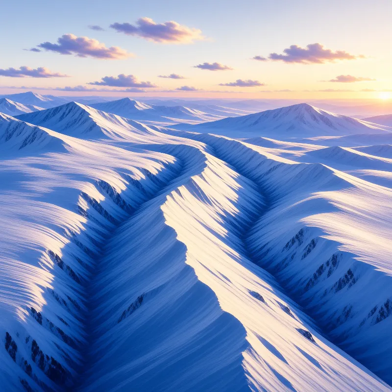 Aerial peaks of wind-swept snow form deep shadowed valleys under a soft pink dusk sky.