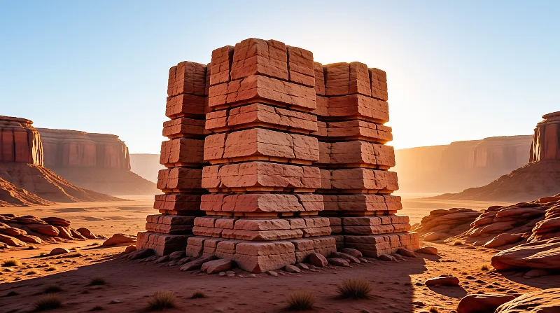 Massive red sandstone blocks stacked into a monument stand in a desert valley with mesas under warm sunset light.