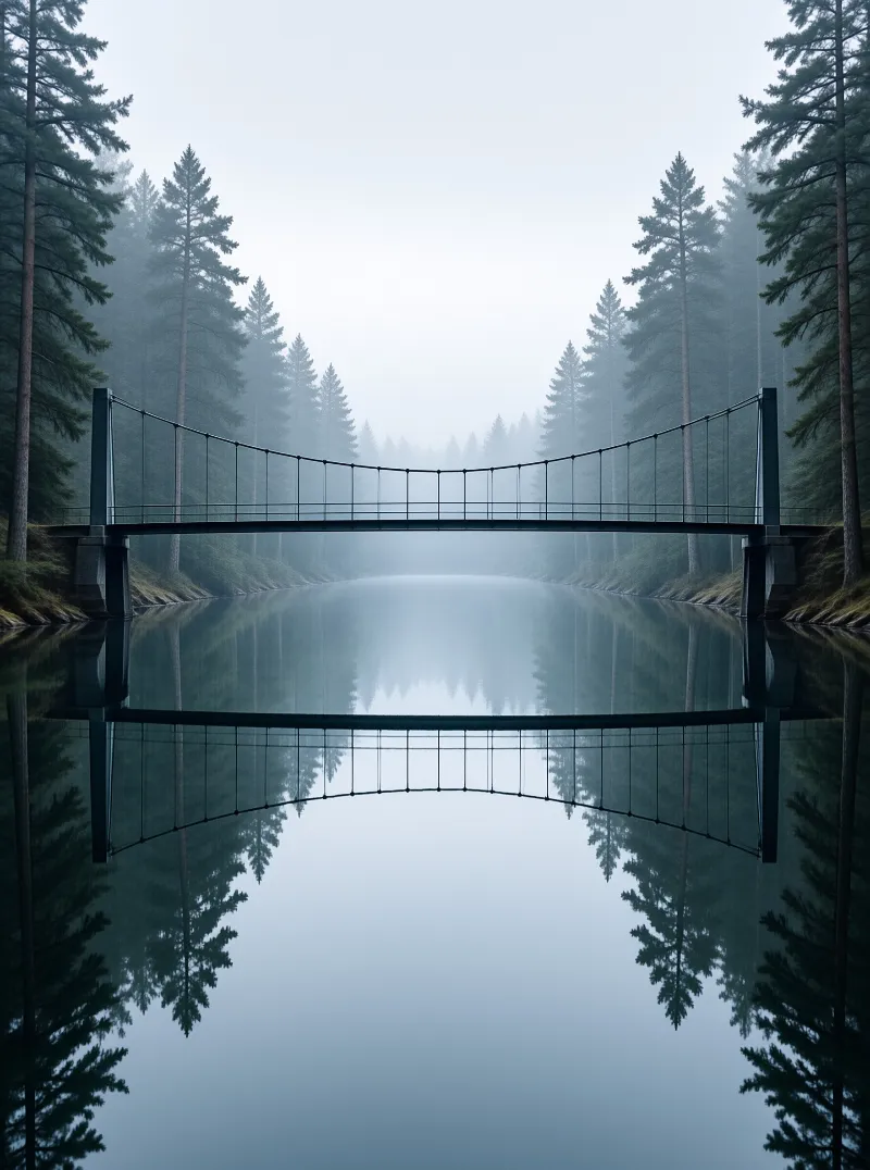 A black metal suspension bridge stretches horizontally across a tranquil lake surrounded by tall evergreen trees, creating a symmetrical reflection in the still water under a soft foggy sky.