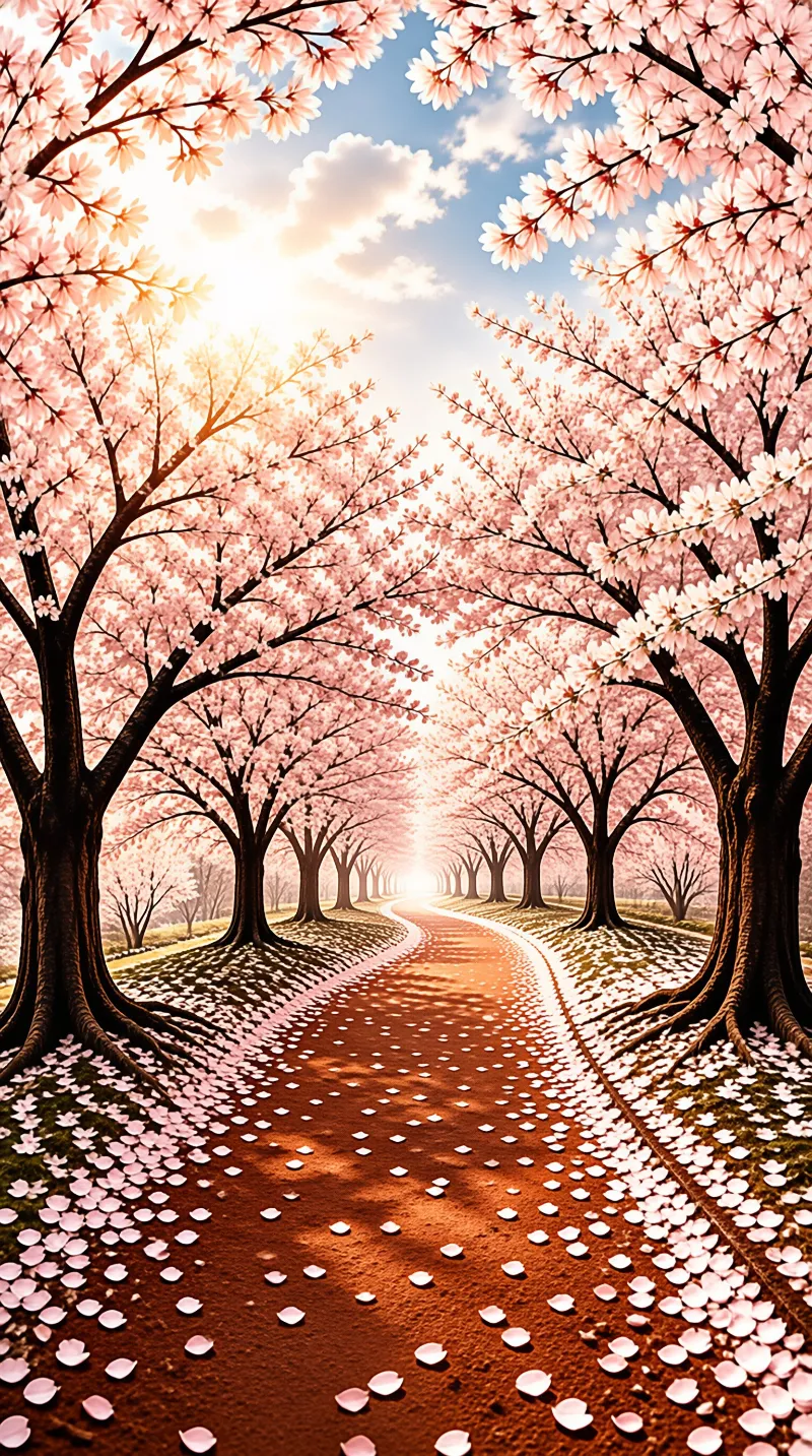 A dirt path scattered with pink petals winds between blooming cherry trees towards a bright horizon.
