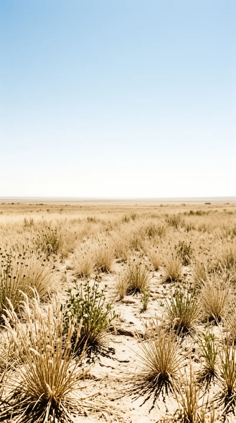 A wide expanse of pale sandy ground dotted with tufts of dry golden vegetation under a clear bright blue sky.