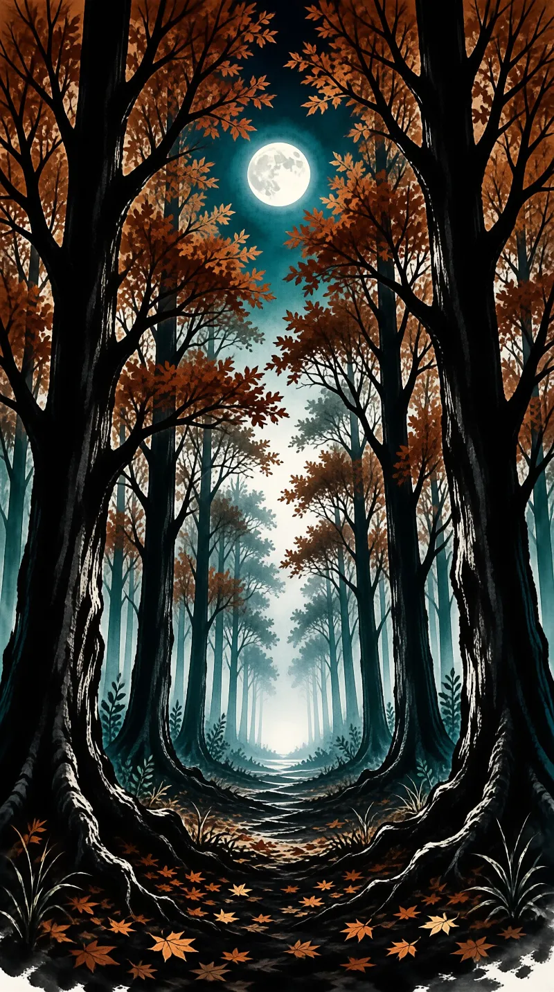 Tall dark trees with orange leaves surround a winding trail leading toward a glowing full moon in the misty distance.