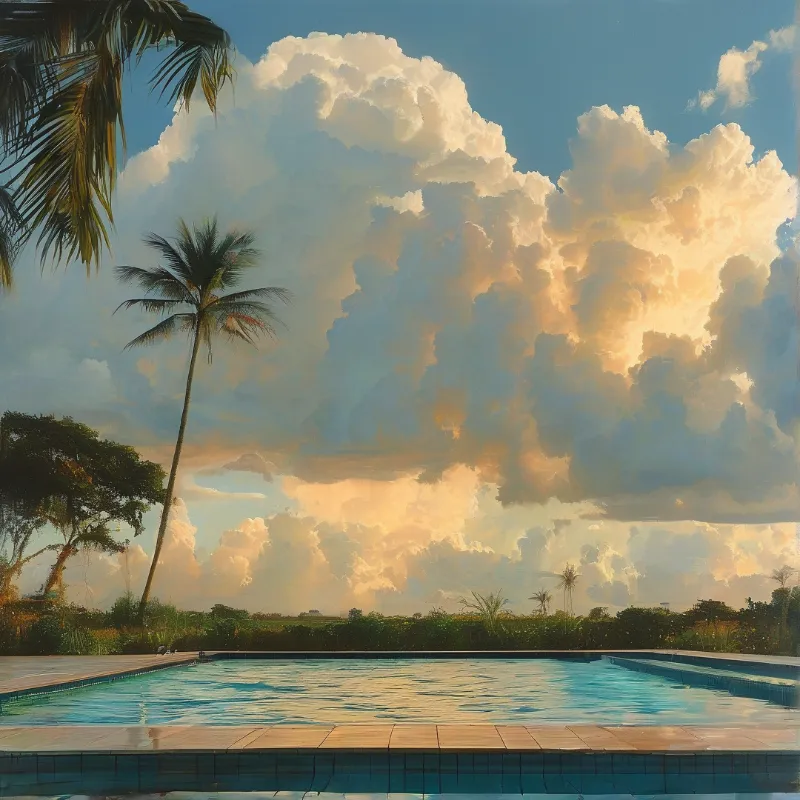 A turquoise swimming pool in the foreground reflects a towering golden cumulus cloud over a tropical garden with palm trees.