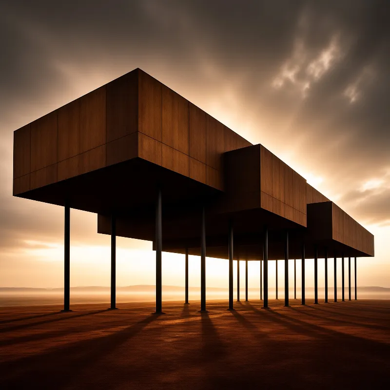 A raised corten steel structure rests on slender dark columns above an open arid plain at sunset, with a warm hazy sky stretching to the horizon.