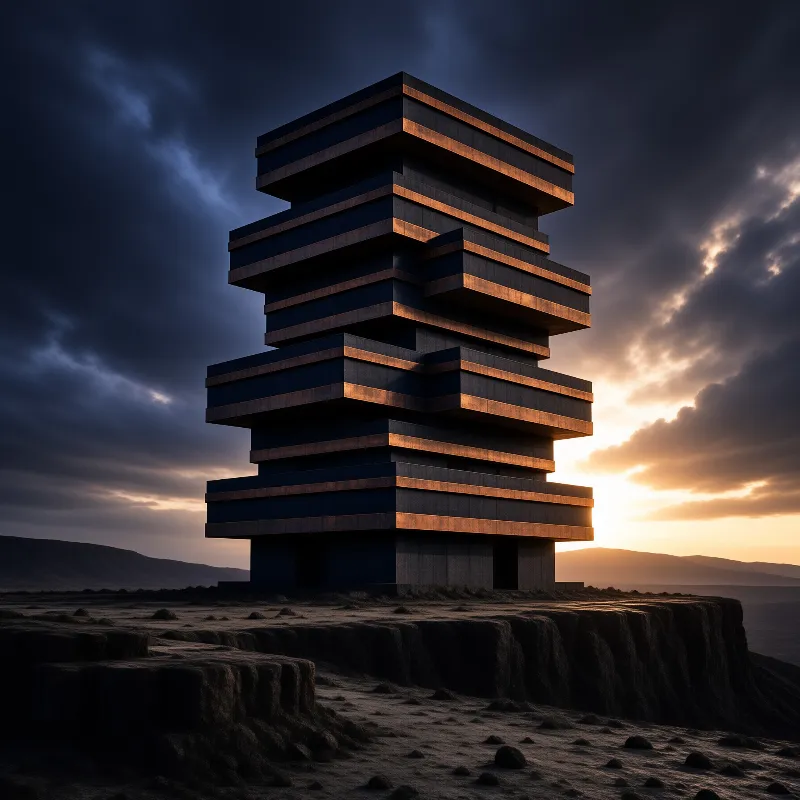 A massive geometric tower rests on a barren cliff while warm light illuminates its edges against dark clouds.