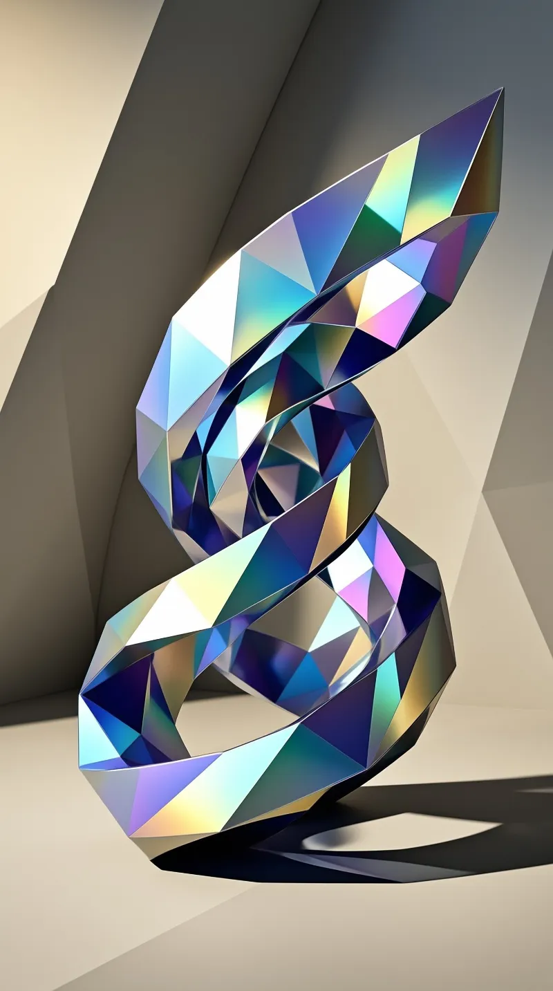 A twisted ribbon of faceted crystal triangles reflects cyan purple and gold on a pale beige floor with a dark angular shadow.