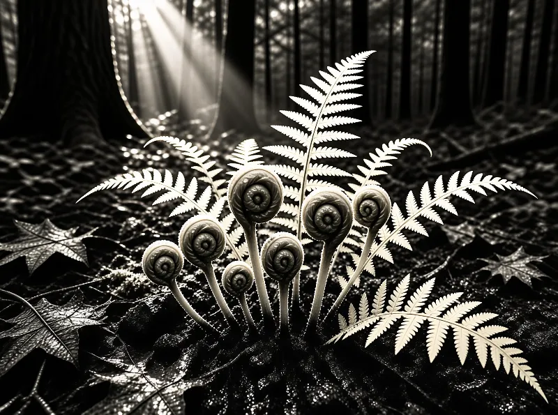 Unfurling fern fronds stand out against a dark background illuminated by shafts of light