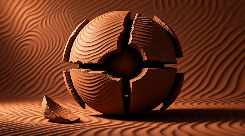 A fractured globe of layered earth rests among rippled orange dunes casting deep shadows.