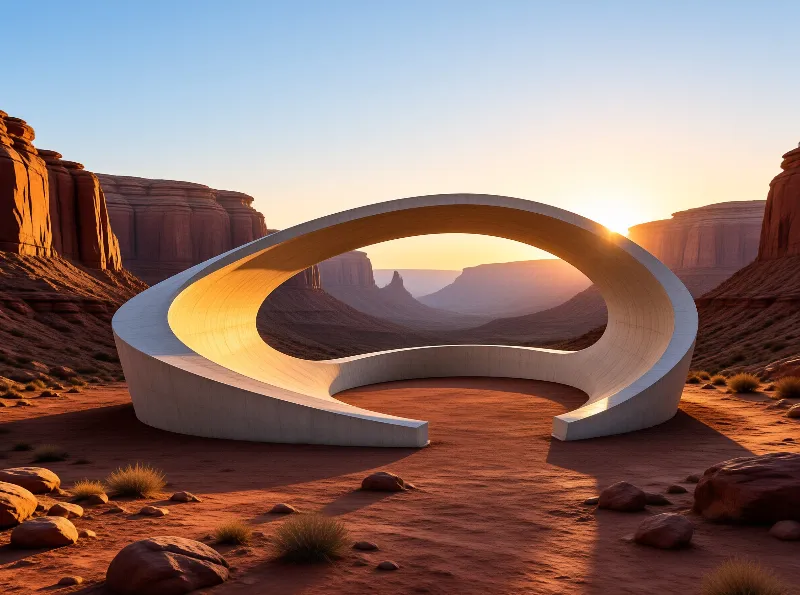 A smooth curving concrete arch sits in an orange sand canyon during a warm sunrise glow
