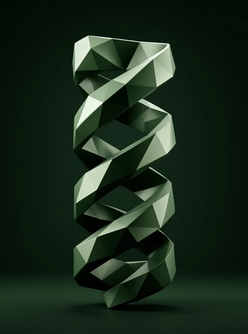 A faceted green ribbon twists vertically within a dark green studio environment with soft lighting.