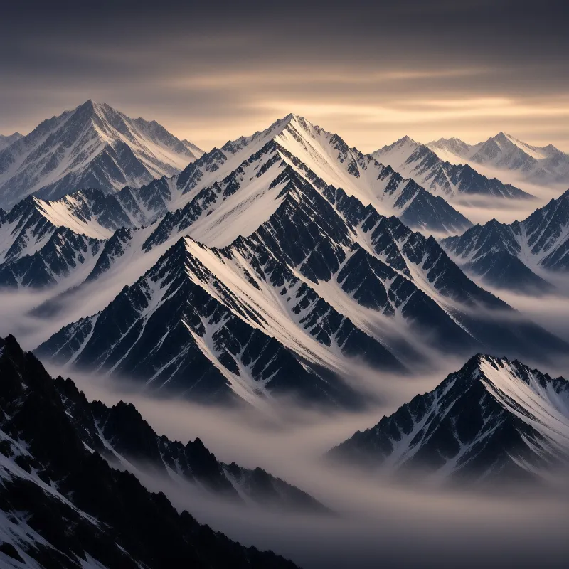 Layered mountain ridges covered in snow stand against a warm sky with clouds drifting through the lower slopes.