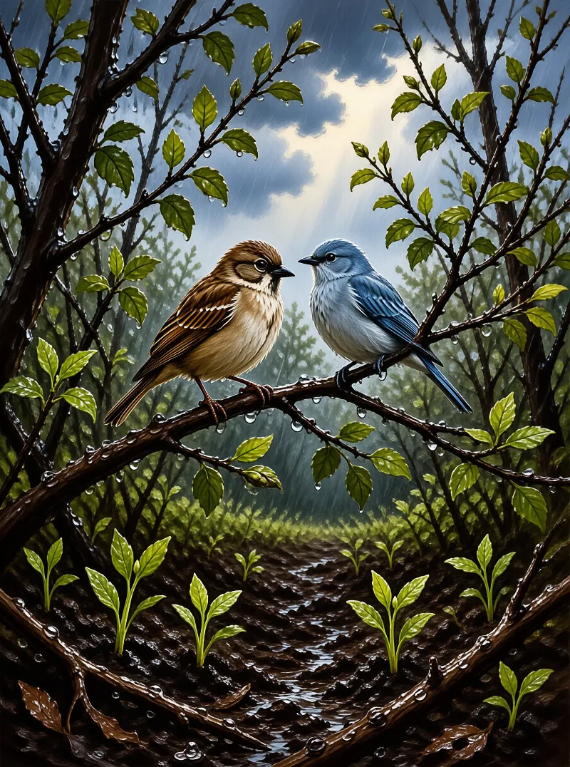 A brown sparrow and a blue bird sit face to face on a droplet-covered branch above freshly sprouted seedlings.