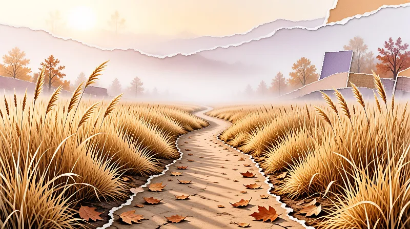 A winding dirt path with fallen leaves cuts through tall golden grass beneath a hazy pale sky and torn paper edges.