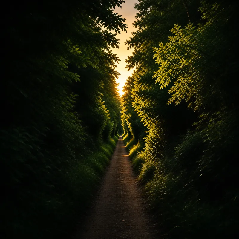 A narrow dirt path leads through dark green trees towards a bright golden sunset in the distance.