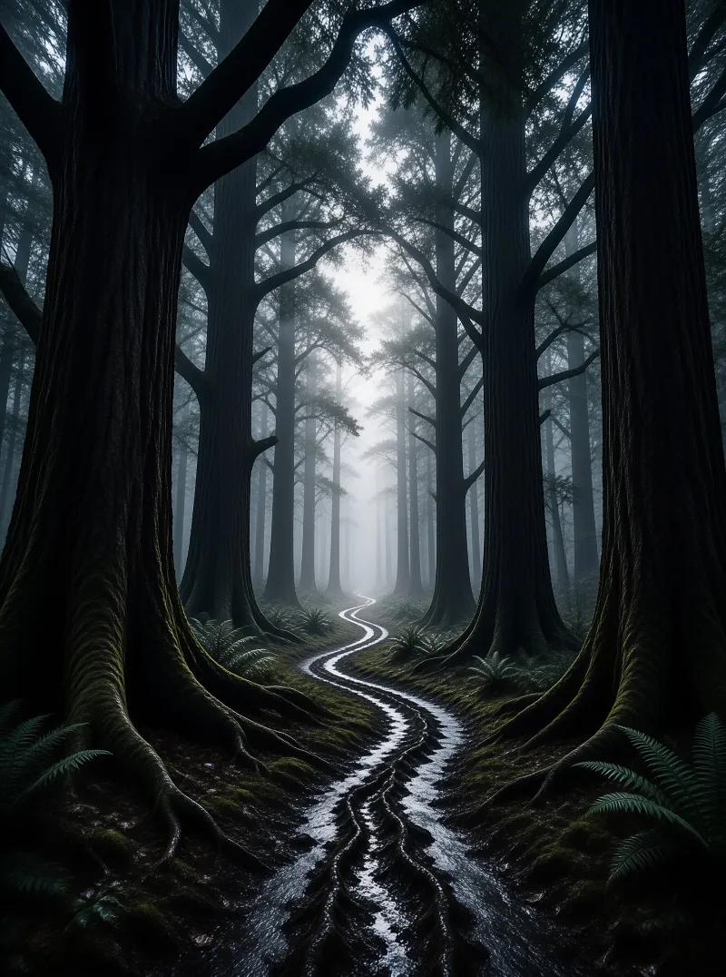 A winding bright path winds through a dark foggy forest where sunlight filters down between the towering dark trees.