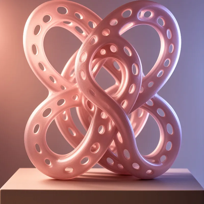 Three perforated rings intertwine into a trefoil knot, glazed in rosy copper and lit from one side against a mauve wall.