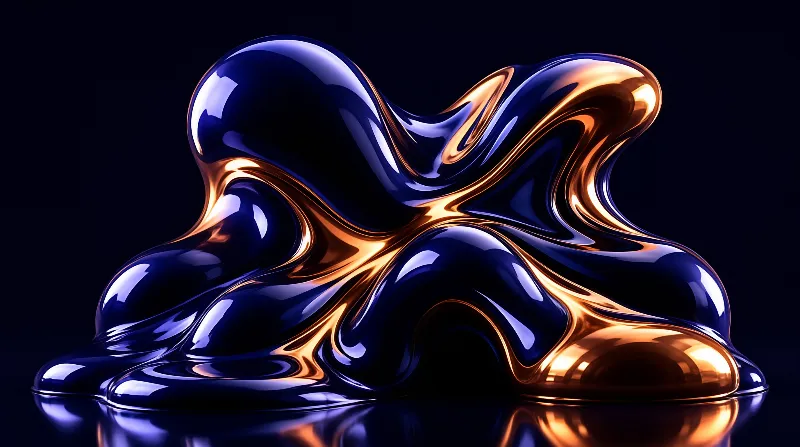 A glossy indigo fluid sculpture folds into ribbons of reflective copper against a deep black backdrop.
