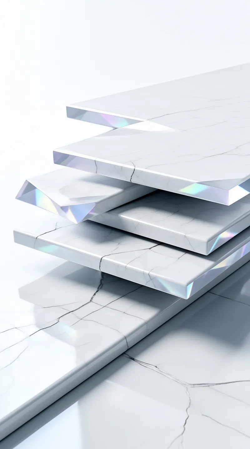 Overlapping white marble slabs are layered with thin dark veins and iridescent rainbow-colored cut edges.