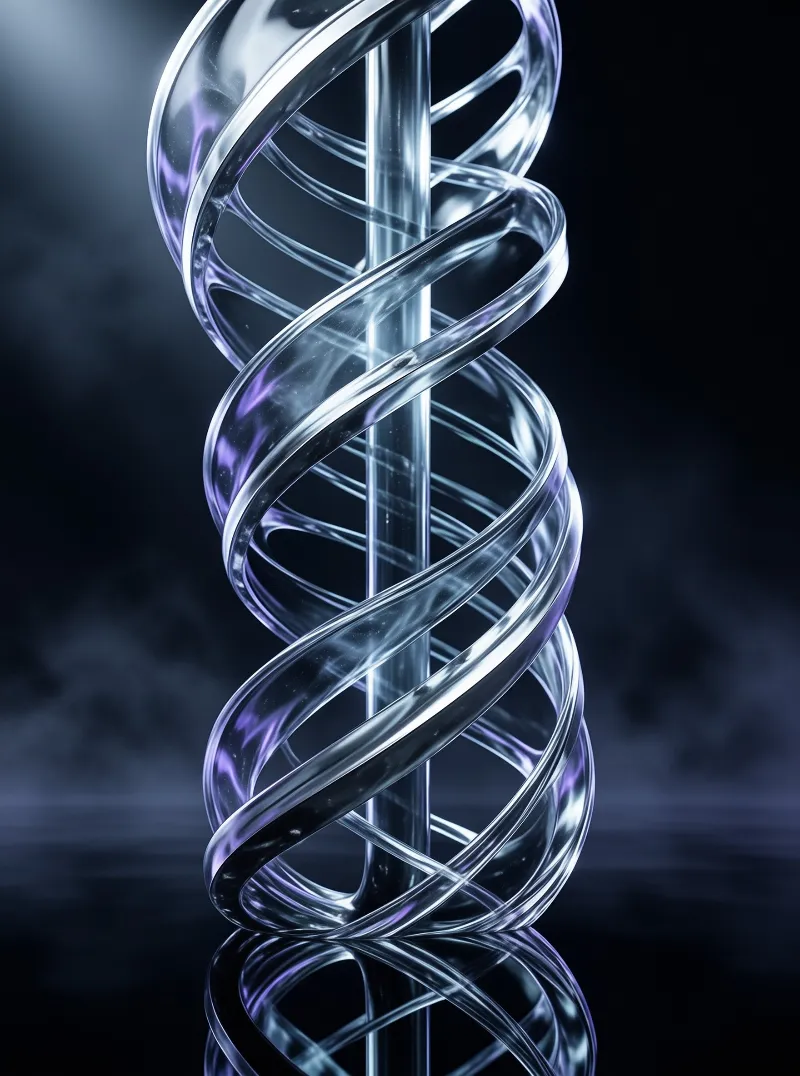 A clear glass double helix sculpture stands vertically against a dark misty background with blue lighting.