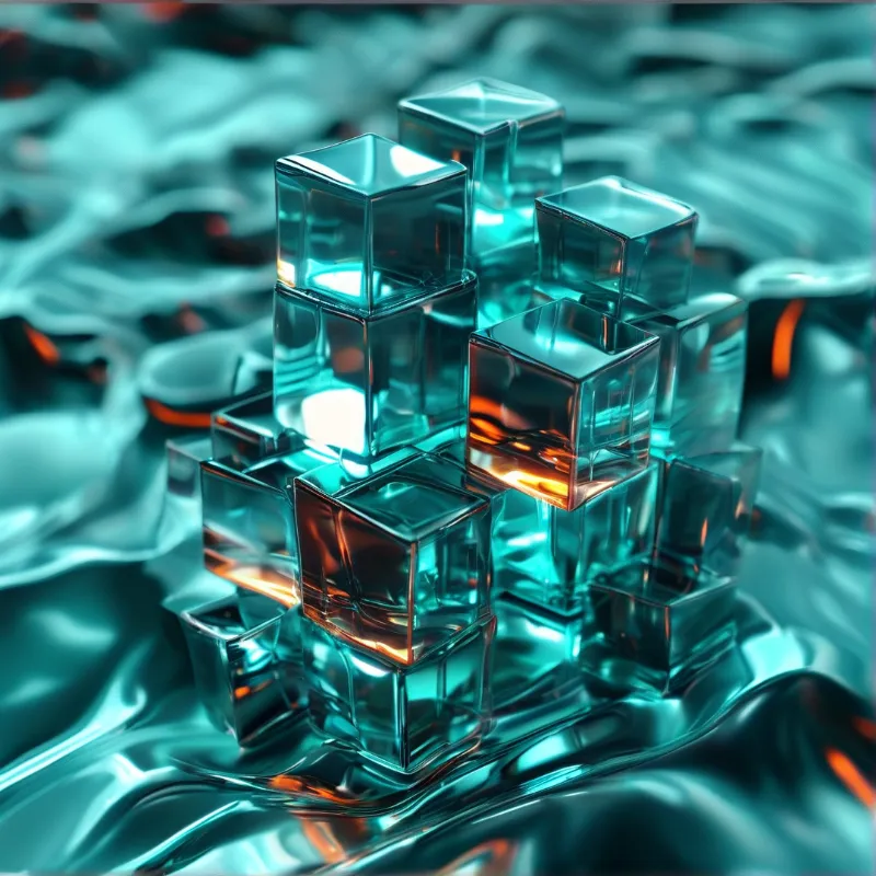 Translucent teal glass cubes with warm orange reflection accents sit on a rippled reflective cyan liquid metal surface