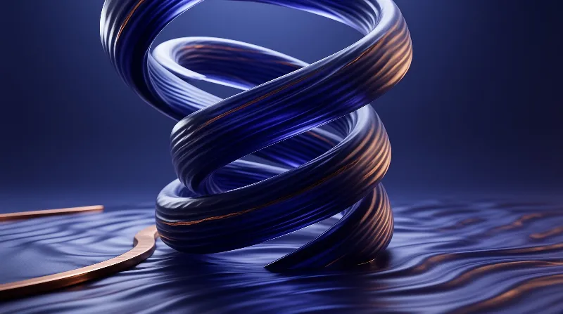 A glossy blue spiral structure with copper accents rests on a rippled dark surface, catching soft studio lighting.