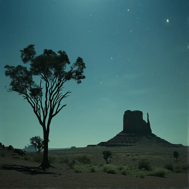 A silhouetted tree stands beside a distant rock formation under a star-filled teal sky.